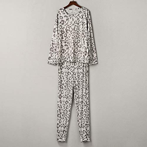 STRIR Pijama Mujer Invierno Primavera Algodon Mangas Larga Pantalon Largo 2 Piezas Suave Cómodo Estampados de Leopardo Pijamas Invernal Regalo (XL, Gris)