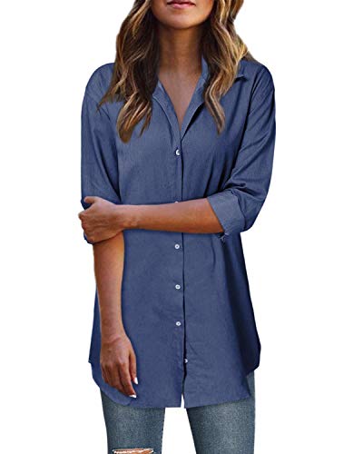 Style Dome Blusa Vaquera Camisa de Mujer Botones Elegantes de Manga Larga para Mujer Blusa de Mujer Túnica de Mujer Elegante Larga Grande Azul oscuro-C07795 M