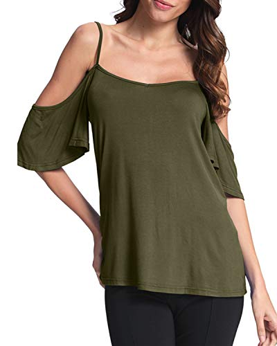 Style Dome Camiseta Mujer de Manga Corta Camisas con Hombros Fríos Color Sólido Sexy con Cuello Redondo Tops Tallas Grandes Mujer 1-Verde Militar 46
