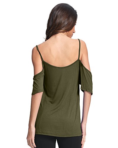 Style Dome Camiseta Mujer de Manga Corta Camisas con Hombros Fríos Color Sólido Sexy con Cuello Redondo Tops Tallas Grandes Mujer 1-Verde Militar 46