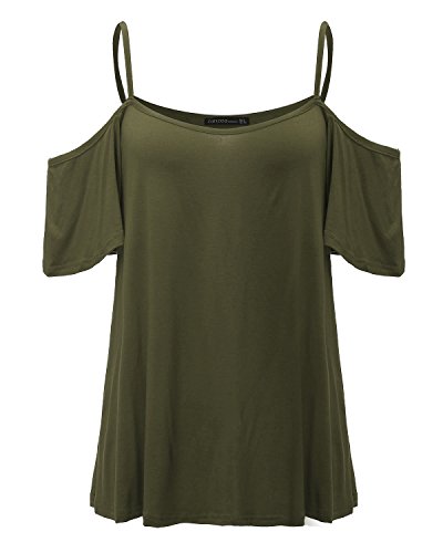 Style Dome Camiseta Mujer de Manga Corta Camisas con Hombros Fríos Color Sólido Sexy con Cuello Redondo Tops Tallas Grandes Mujer 1-Verde Militar 46