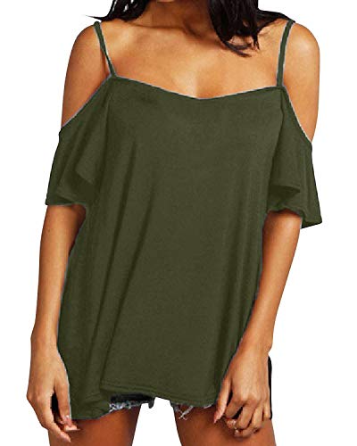 Style Dome Camiseta Mujer de Manga Corta Camisas con Hombros Fríos Color Sólido Sexy con Cuello Redondo Tops Tallas Grandes Mujer 1-Verde Militar 46