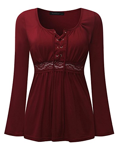 Style Dome Camisetas de Manga Larga Mujer Sexy con Cuello V Encaje Blusa Camisas De Hombro Frío Blusas Top Mujer Fiesta 001-rojo 4578 XL