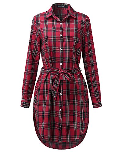 Style Dome Vestido Mujer Camisa Blusa a Cuadros Cinta Elegante Fiesta Mangas Largas Cóctel Noche Rojo XL