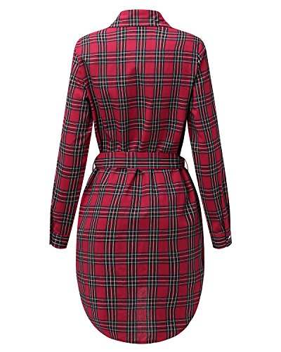 Style Dome Vestido Mujer Camisa Blusa a Cuadros Cinta Elegante Fiesta Mangas Largas Cóctel Noche Rojo XL