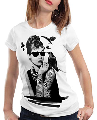 style3 Audrey Tatuaje Camiseta para Mujer T-Shirt Hollywood Hepburn Estrella de Cine, Color:Blanco, Talla:L