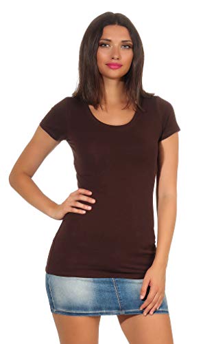 StyleLightOne - Camiseta básica de manga larga para mujer, elástica, cuello en V, corte entallado (36-42) Marrón oscuro (cuello redondo). 42-44