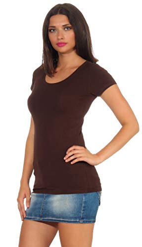 StyleLightOne - Camiseta básica de manga larga para mujer, elástica, cuello en V, corte entallado (36-42) Marrón oscuro (cuello redondo). 42-44