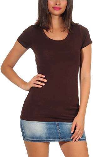 StyleLightOne - Camiseta básica de manga larga para mujer, elástica, cuello en V, corte entallado (36-42) Marrón oscuro (cuello redondo). 42-44