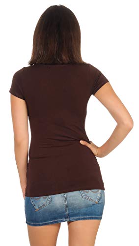 StyleLightOne - Camiseta básica de manga larga para mujer, elástica, cuello en V, corte entallado (36-42) Marrón oscuro (cuello redondo). 42-44