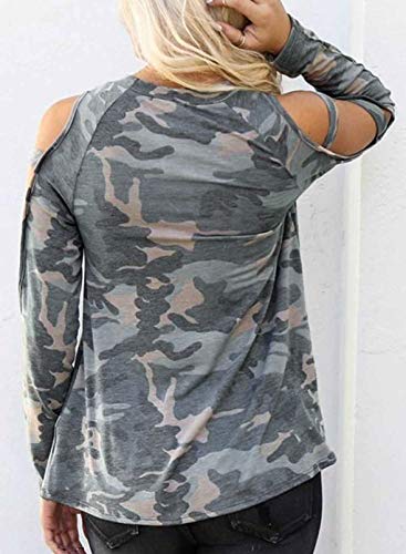 Sudadera ligera de camuflaje para mujer, cuello redondo, camiseta de hombro descubierto, manga larga, tirantes