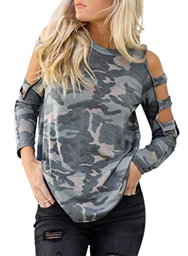 Sudadera ligera de camuflaje para mujer, cuello redondo, camiseta de hombro descubierto, manga larga, tirantes