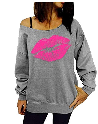 Sudadera Mujer Malla Labios Beso Boca Mujer niña Color Gris Escote Barco Manga Larga Sexy - Talla l