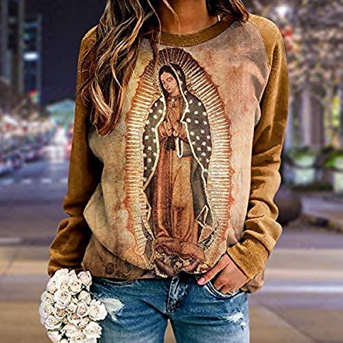 Sudadera Original de Nuestra Señora de Guadalupe para Mujer, Camiseta de Manga Larga, Sudadera Estampada, suéter Suave y cómodo, Sudadera de Cuello Redondo Superior de Manga Larga para Diario (S)