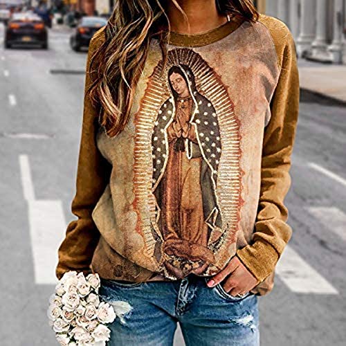 Sudadera Original de Nuestra Señora de Guadalupe para Mujer, Camiseta de Manga Larga, Sudadera Estampada, suéter Suave y cómodo, Sudadera de Cuello Redondo Superior de Manga Larga para Diario (S)
