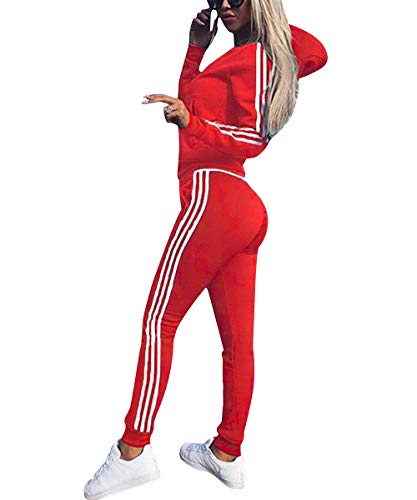 Sudaderas Mujer Pantalones + Tops Conjunto de Chándal de Mujer Camisas Fitness Manga Larga Casual Jersey Chaqueta Hoodie&Pantalones (Rojo, XX-Large)