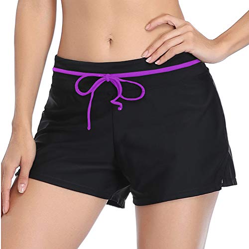 Summer Mae Shorts de Baño Deporte Pantalones Cortos Bikini Pantalon Short Bañador Mujeres para Gimnasio Playa Negro/Purple S