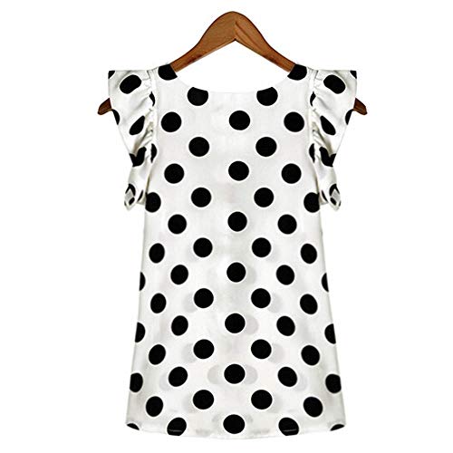 Summer Women Elegant Blusa Blanca de Gasa Señoras Puffed Manga Corta Top Negro con Estampado de Puntos Blusas