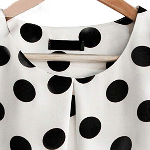 Summer Women Elegant Blusa Blanca de Gasa Señoras Puffed Manga Corta Top Negro con Estampado de Puntos Blusas