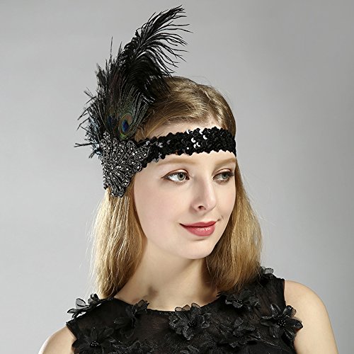 SunBeter 1920 Flapper Headpiece Pavo Real Feather Headband Vintage con lentejuelas Rhinestone Hairband Fiesta de Halloween Pluma Celada para Las Mujeres