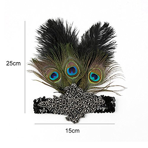 SunBeter 1920 Flapper Headpiece Pavo Real Feather Headband Vintage con lentejuelas Rhinestone Hairband Fiesta de Halloween Pluma Celada para Las Mujeres