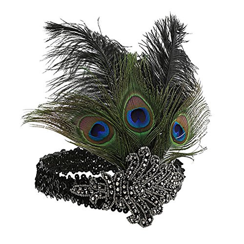 SunBeter 1920 Flapper Headpiece Pavo Real Feather Headband Vintage con lentejuelas Rhinestone Hairband Fiesta de Halloween Pluma Celada para Las Mujeres