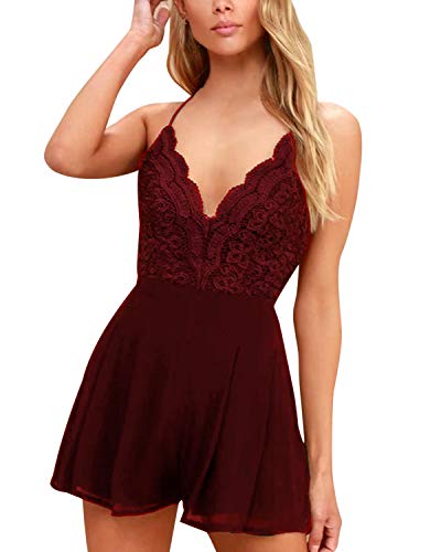 Sunnyme - Mono corto sin espalda con hombros descubiertos, estampado floral A-Vino Rojo 5 XXL