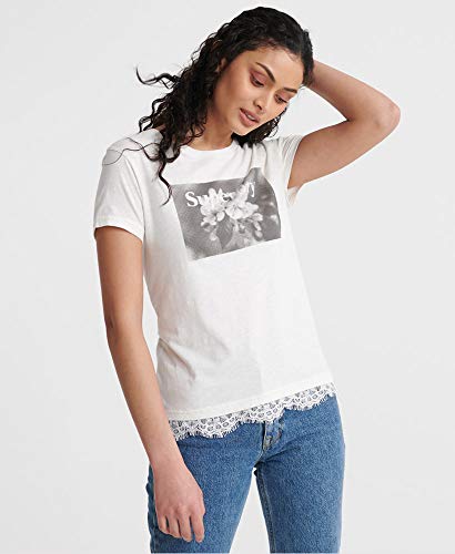 Superdry Mujer Camiseta con gráfico y Encaje Tilly Blanco Tiza 38