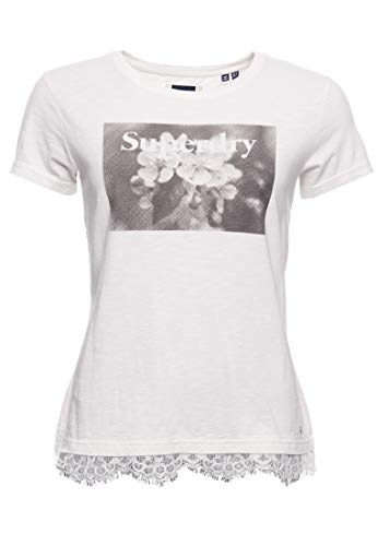 Superdry Mujer Camiseta con gráfico y Encaje Tilly Blanco Tiza 38