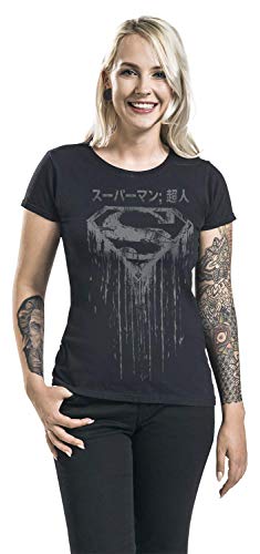 Superman Distressed Japanese Logo Mujer Camiseta Negro S, 100% algodón, Regular