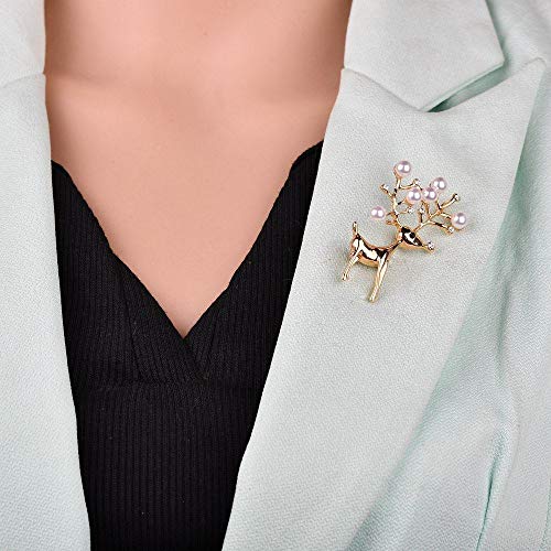 SUZHENA Broche Broche de Regalo de Broche de Ciervo de Perlas de Diamantes de imitación Lindo para Mujer Accesorio de Abrigo de Vestido de Noche de joyería Colorida, Dorado