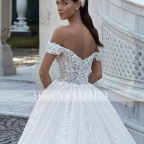 SWEETQT Vestido de Novia Apliques magníficos Tren Una línea Vestido de Novia Flores de Lujo con Cuentas Cuello Barco Princesa Vestido de Novia Tallas Grandes Vestido de Noche