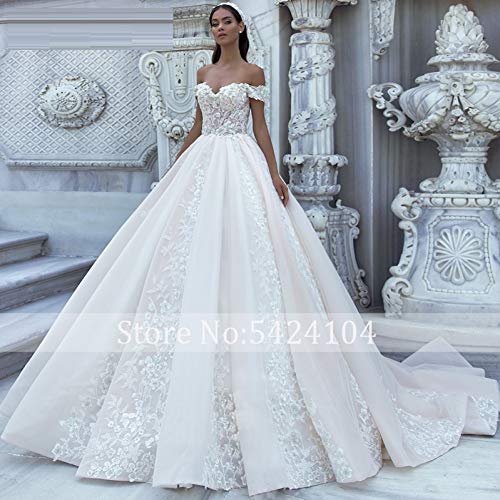 SWEETQT Vestido de Novia Apliques magníficos Tren Una línea Vestido de Novia Flores de Lujo con Cuentas Cuello Barco Princesa Vestido de Novia Tallas Grandes Vestido de Noche