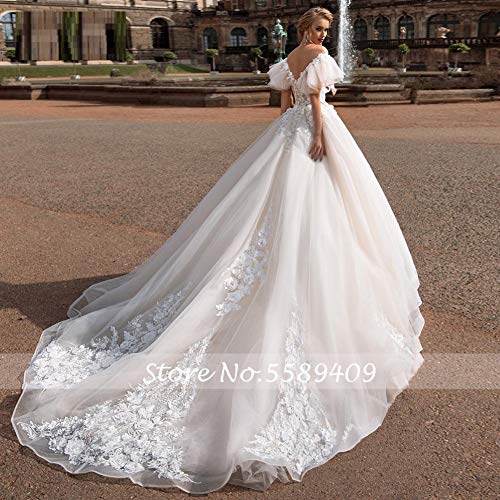 SWEETQT Vestido de Novia Cuello en V Una línea Vestidos de Novia de Encaje Apliques Fuera del Hombro Sin Espalda Flor Vestidos de Novia Tren Largo Vestido de Novia Tallas Grandes