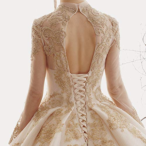 SWEETQT Vestido de Novia Vestidos de Novia de Princesa Apliques Dorados Rebordear Vestidos de Novia de Manga Larga Vestido de Noche Vestido de Encaje