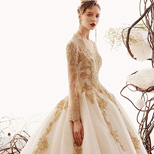 SWEETQT Vestido de Novia Vestidos de Novia de Princesa Apliques Dorados Rebordear Vestidos de Novia de Manga Larga Vestido de Noche Vestido de Encaje