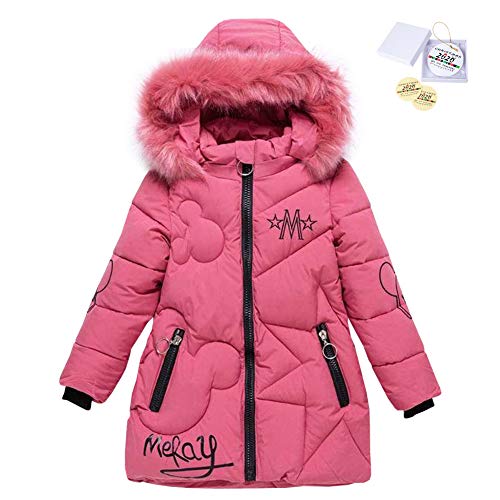 SXSHUN Niñas Chaqueta Slim de Invierno Línea A Abrigo de Pluma con Capucha de Pelo Ropa Caliente Acolchada de Algodón, Rosa, M, 4-5 año