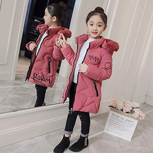 SXSHUN Niñas Chaqueta Slim de Invierno Línea A Abrigo de Pluma con Capucha de Pelo Ropa Caliente Acolchada de Algodón, Rosa, M, 4-5 año