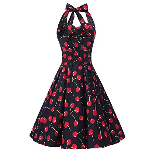 SXSHUN Vestido Retro Años 50 para Mujeres Vestido Vintage Rockabilly Polka Vestido Cuello Hálter de Noche, Negro/Cereza, XXL
