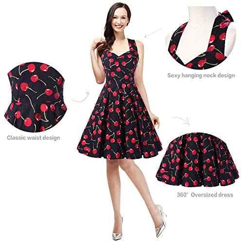 SXSHUN Vestido Retro Años 50 para Mujeres Vestido Vintage Rockabilly Polka Vestido Cuello Hálter de Noche, Negro/Cereza, XXL