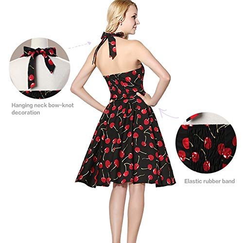 SXSHUN Vestido Retro Años 50 para Mujeres Vestido Vintage Rockabilly Polka Vestido Cuello Hálter de Noche, Negro/Cereza, XXL