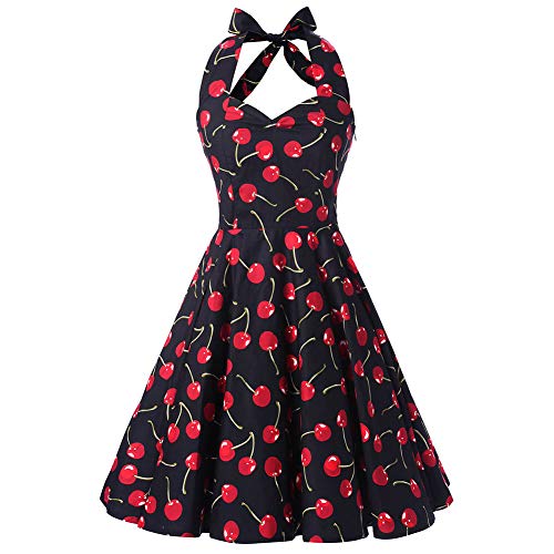 SXSHUN Vestido Retro Años 50 para Mujeres Vestido Vintage Rockabilly Polka Vestido Cuello Hálter de Noche, Negro/Cereza, XXL