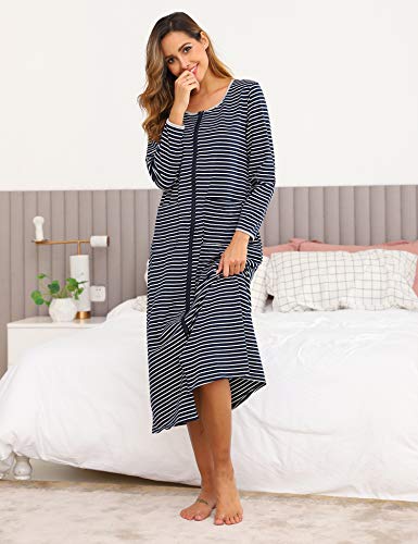 Sykooria Bata de Noche Larga Bata Larga Albornoz para Mujer Camisón con Cremallera Frente Salón Ropa de Dormir de Cuello Redondo con Bolsillo