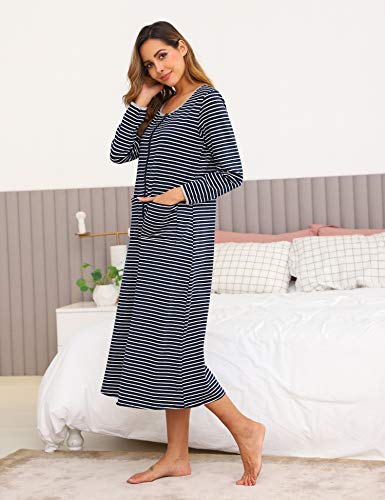 Sykooria Bata de Noche Larga Bata Larga Albornoz para Mujer Camisón con Cremallera Frente Salón Ropa de Dormir de Cuello Redondo con Bolsillo