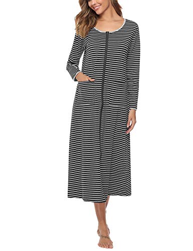 Sykooria Bata de Noche Larga Bata Larga Albornoz para Mujer Camisón con Cremallera Frente Salón Ropa de Dormir de Cuello Redondo con Bolsillo