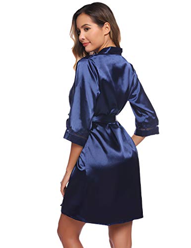 Sykooria Bata Kimono Mujer, 2 Piezas Seda Satén Corto Kimono Bata Pijama Vestido de Encaje Conjunto de Lencería Albornoz Vestido de Dama de Honor de Camisón