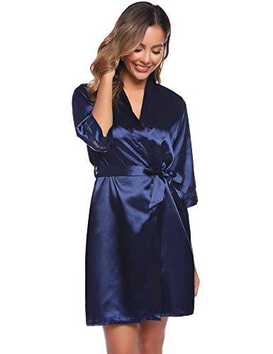 Sykooria Bata Kimono Mujer, 2 Piezas Seda Satén Corto Kimono Bata Pijama Vestido de Encaje Conjunto de Lencería Albornoz Vestido de Dama de Honor de Camisón