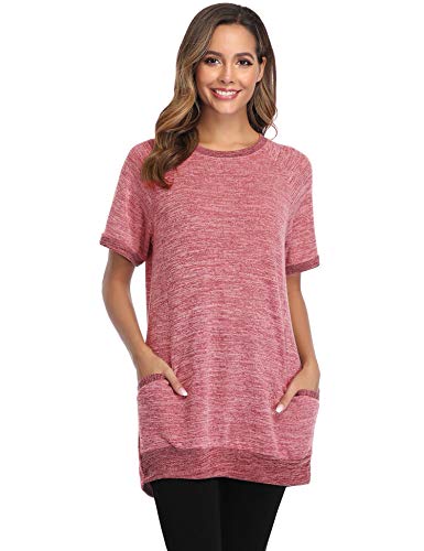 Sykooria Camiseta de Manga Corta para Mujer Blusa Cuello Redondo Camisa básica Casual Suelto Pullovers Tops de Verano Jerséis para Señoras con Bolsillos