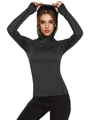 Sykooria Camiseta Deportiva para Mujer con Capucha Fitness Manga Larga Secado Rápido Transpirable Camiseta de Yoga Suave para Correr Senderismo Gimnasio