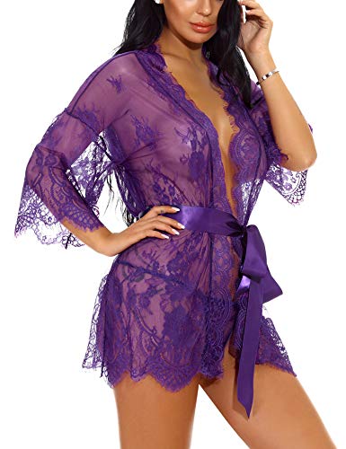 Sykooria Conjunto de Lencería Sexy Bata de Encaje Babydoll Kimono Ropa de Dormir Escote en V Profundo Camisón Camisón Ropa de Dormir Suave